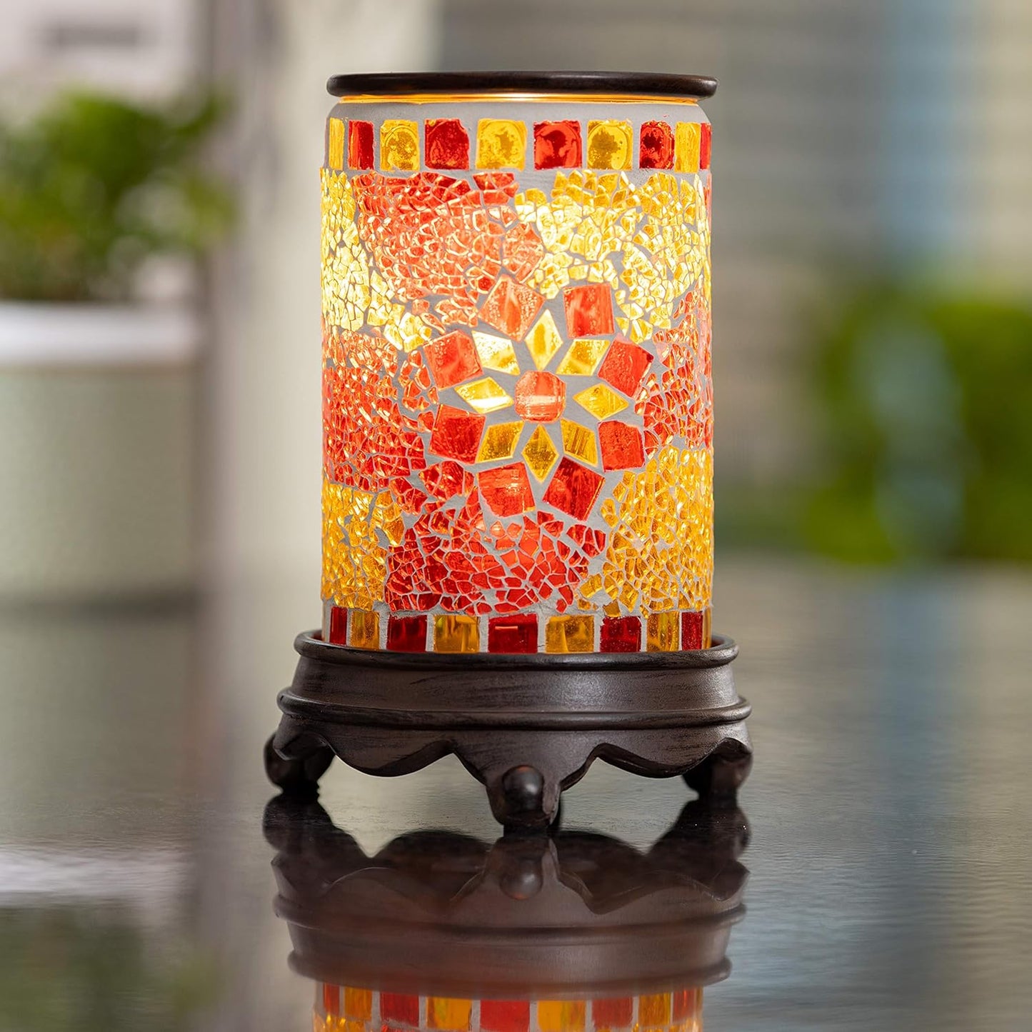 Wall Plug-In Mosaic Glass Wax Warmer in Ruby and Gold for Scented Wax, Essential Oils, and Candle Melts with Night Light Function