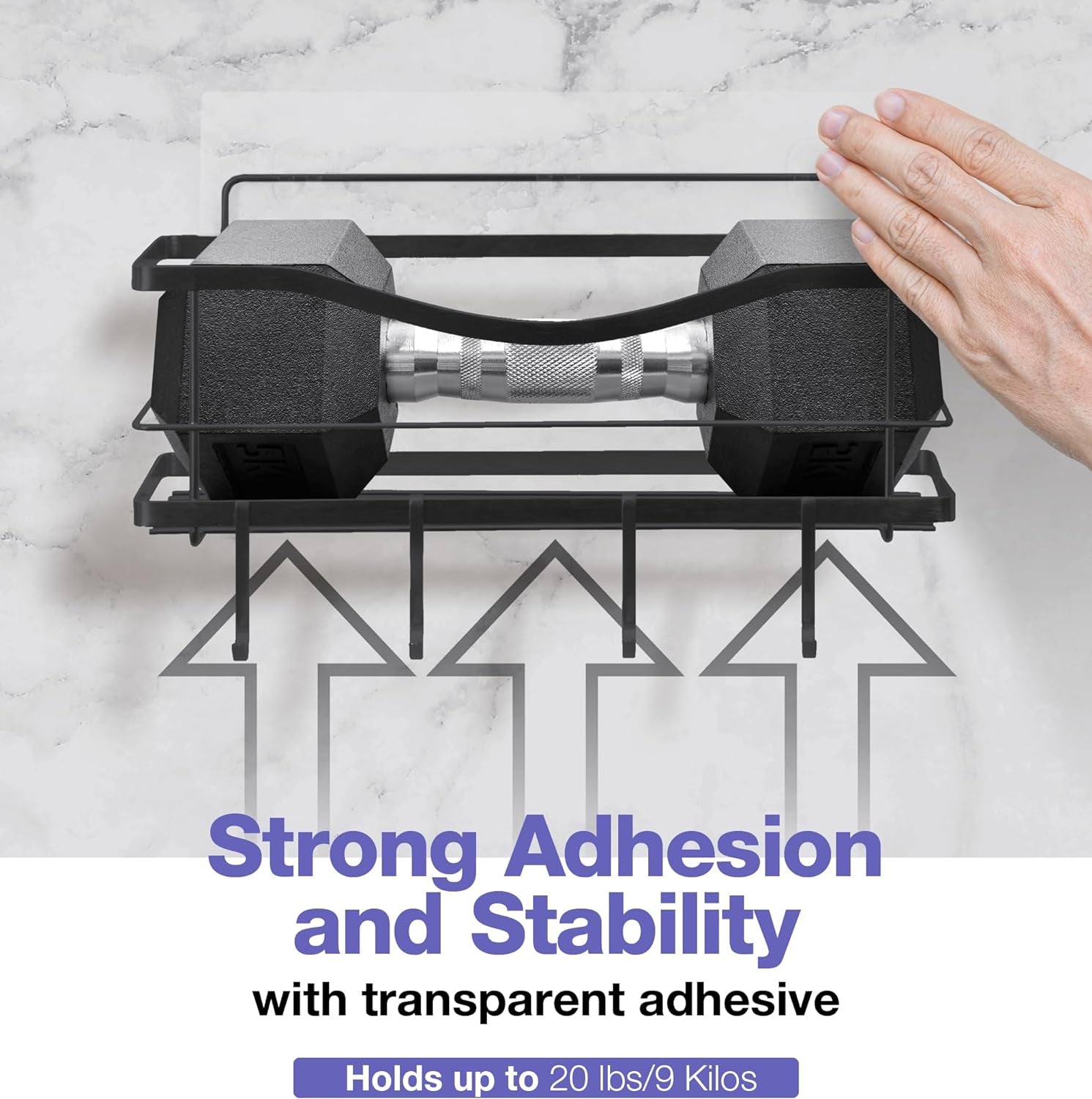 Premium Self-Adhesive Shower Caddy with 4 Hooks - Large Capacity Stainless Steel Wall Organizer - Elegant Matte Black Bathroom Decor