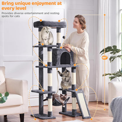 Yaheetech 63-Inch Large Cat Tree for Heavy Cats up to 22 lbs, Stable Design with Condo and Hammock, Space-Saving Solution for Indoor Multi-Pet Homes, Reduces Furniture Scratching