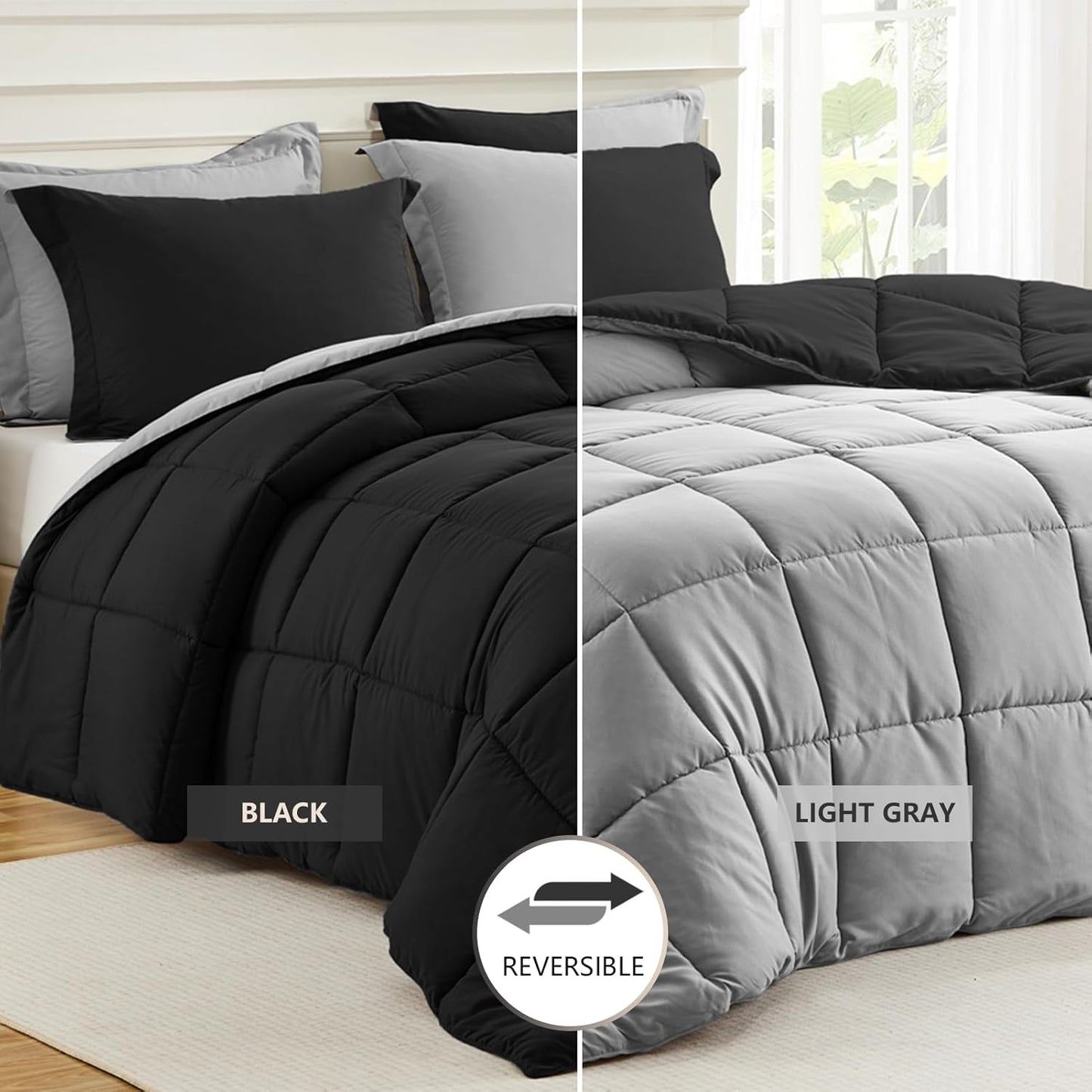 King Size Reversible Comforter Set - Lightweight Down Alternative Bedding in Black and Light Grey, 3 Piece with 2 Shams, All Season Soft Comforter for King Size Bed
