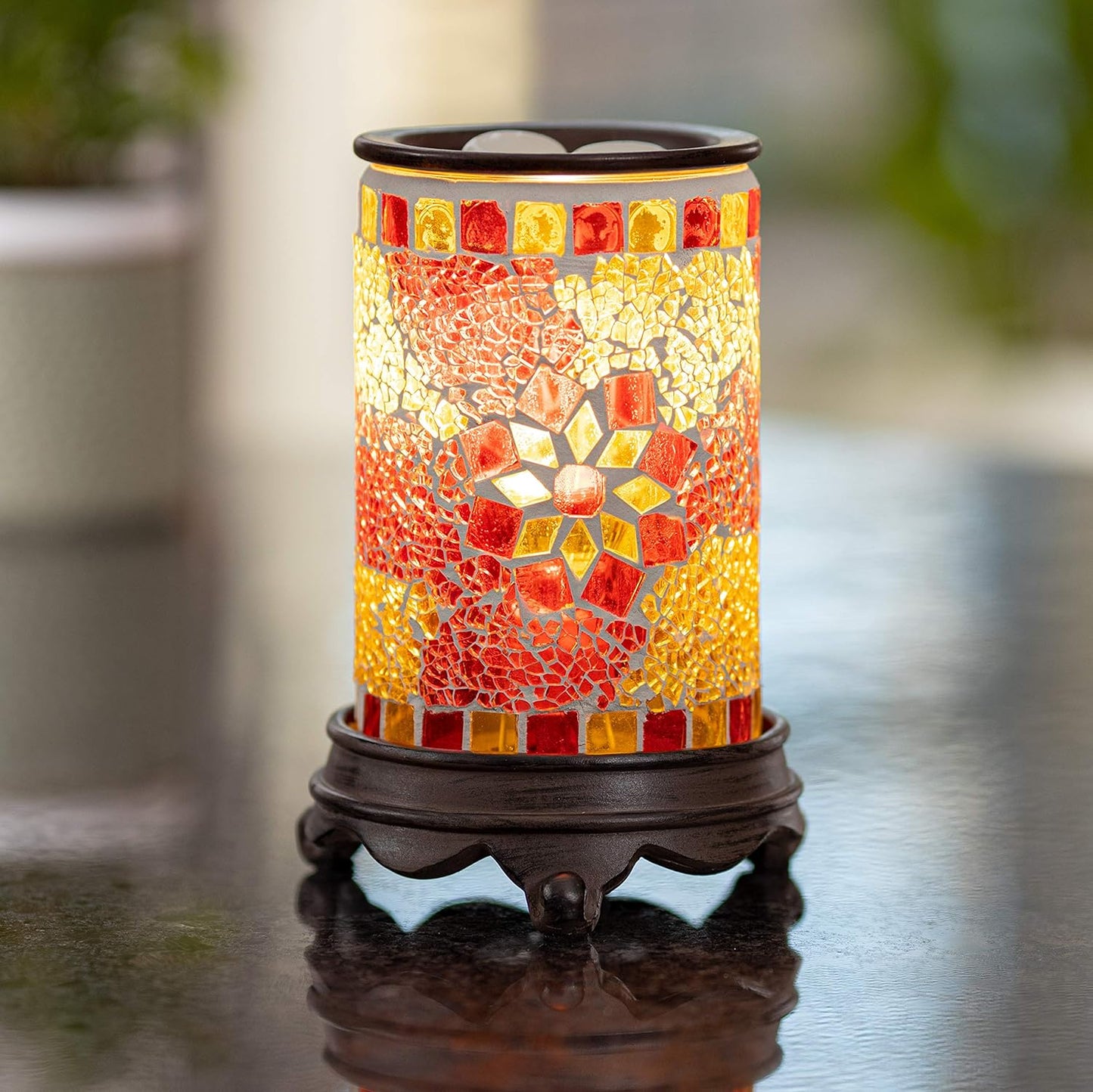 Wall Plug-In Mosaic Glass Wax Warmer in Ruby and Gold for Scented Wax, Essential Oils, and Candle Melts with Night Light Function