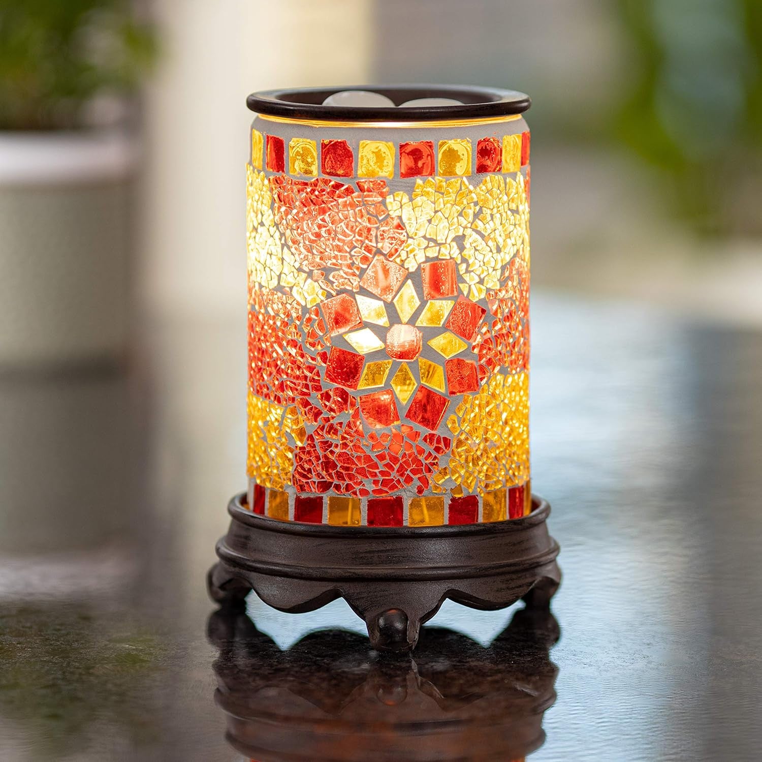 Wall Plug-In Mosaic Glass Wax Warmer in Ruby and Gold for Scented Wax, Essential Oils, and Candle Melts with Night Light Function
