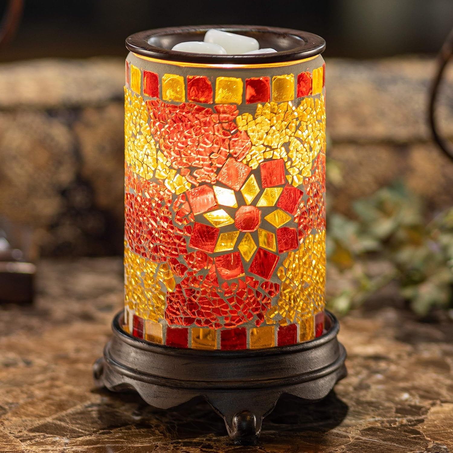 Wall Plug-In Mosaic Glass Wax Warmer in Ruby and Gold for Scented Wax, Essential Oils, and Candle Melts with Night Light Function