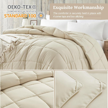 King Size Beige Down Alternative Comforter - Lightweight Quilted Bedding for All Seasons