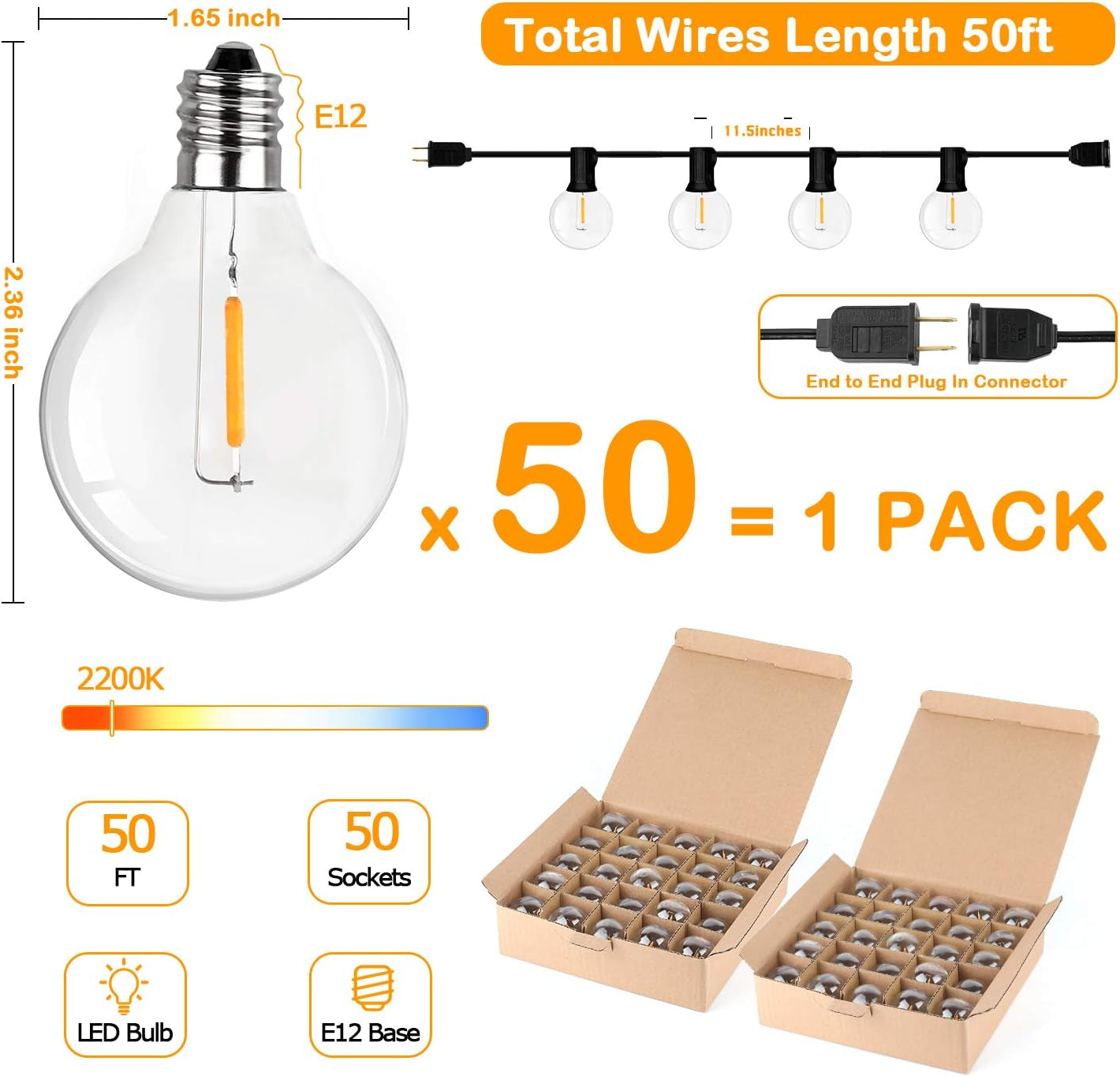50FT Shatterproof LED G40 Globe String Lights with 52 Dimmable Edison Bulbs - Waterproof Outdoor Patio Lighting for Weddings, Parties, and Cafes