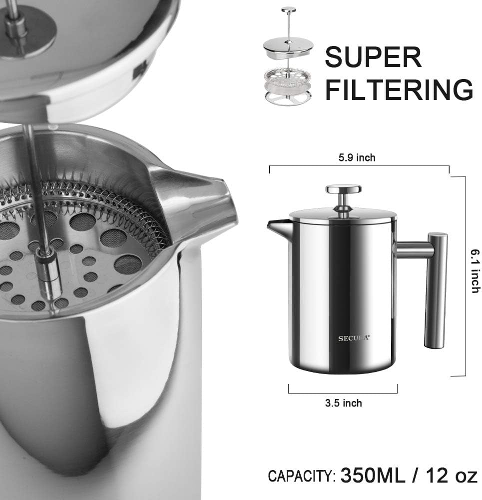 French Press Coffee Maker - 304 Stainless Steel Insulated Coffee Press with 2 Extra Screens, 12 Oz (0.35 Litre), Silver