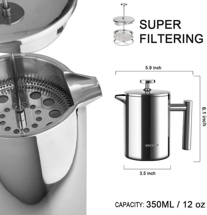 French Press Coffee Maker - 304 Stainless Steel Insulated Coffee Press with 2 Extra Screens, 12 Oz (0.35 Litre), Silver