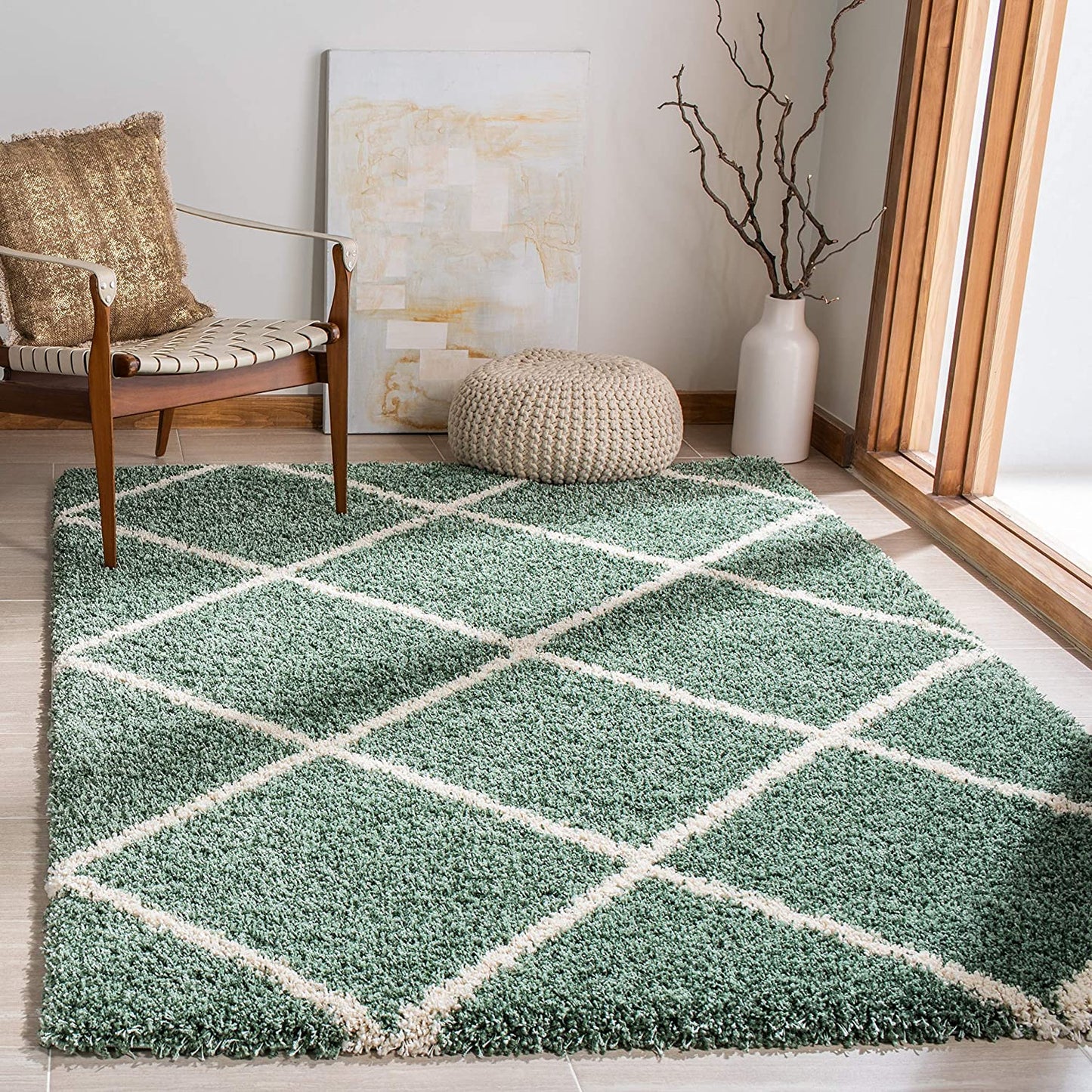 SAFAVIEH Hudson Shag Collection 7' Square Area Rug in Green & Ivory, Modern Trellis Design, Non-Shedding, Easy Care, 2-Inch Thickness, Ideal for High Traffic Areas in Living Room and Bedroom (SGH281Y)