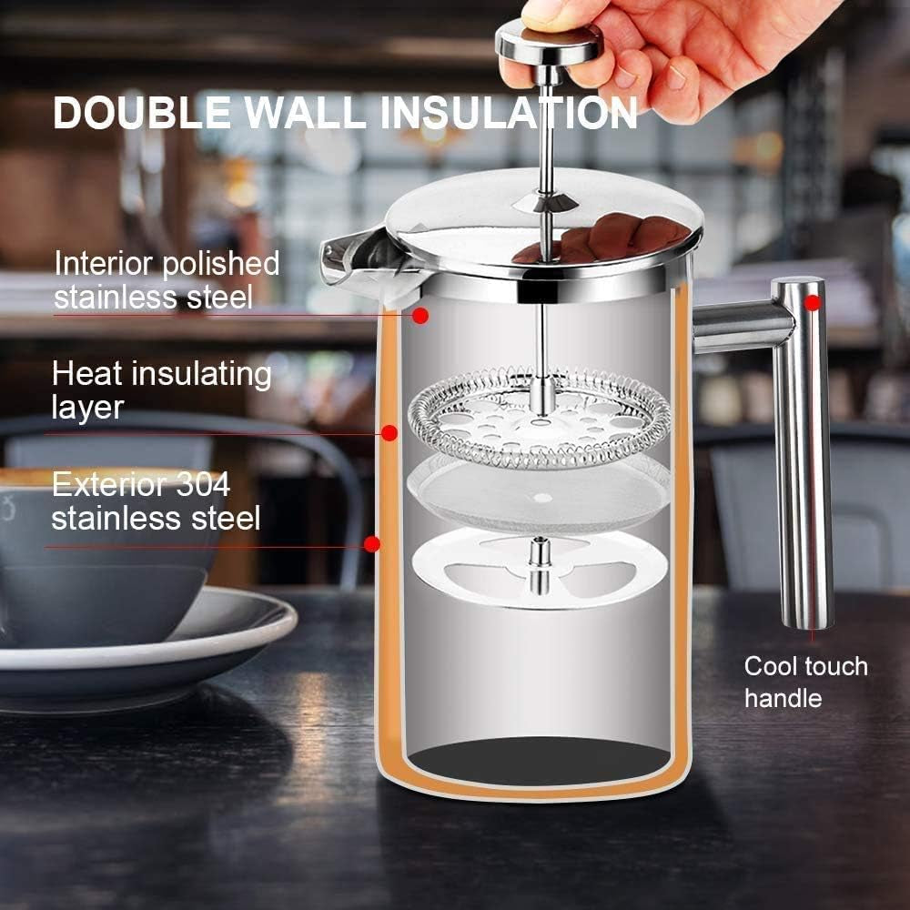 French Press Coffee Maker - 304 Stainless Steel Insulated Coffee Press with 2 Extra Screens, 12 Oz (0.35 Litre), Silver