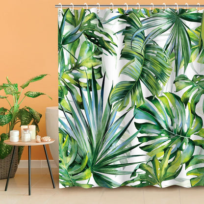Tropical Botanical Green Leaf Shower Curtain Set with 12 Hooks for Bathroom Decor, 72" x 72