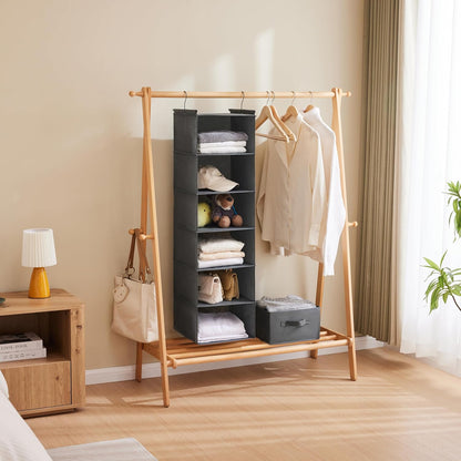 6-Tier Foldable Hanging Closet Organizer in Grey with Durable Hooks for Optimal Space Management