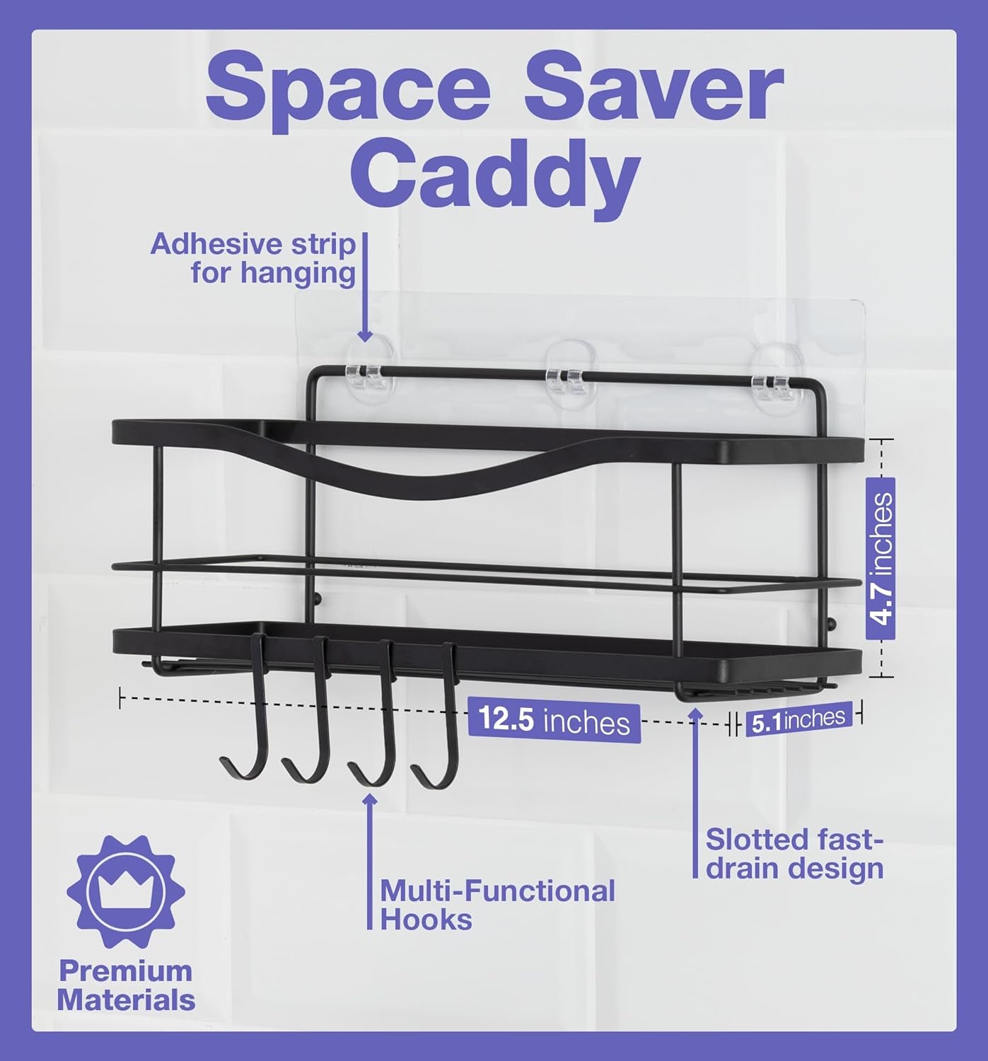Premium Self-Adhesive Shower Caddy with 4 Hooks - Large Capacity Stainless Steel Wall Organizer - Elegant Matte Black Bathroom Decor