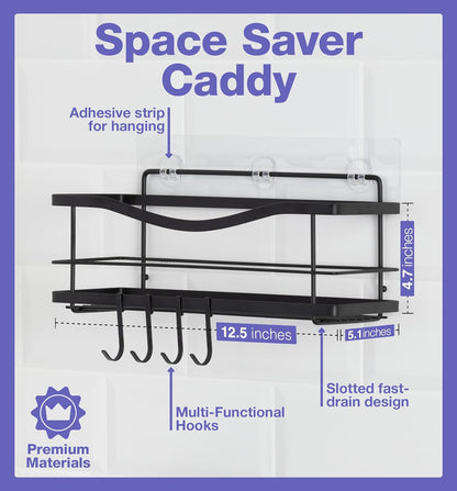 Premium Self-Adhesive Shower Caddy with 4 Hooks - Large Capacity Stainless Steel Wall Organizer - Elegant Matte Black Bathroom Decor