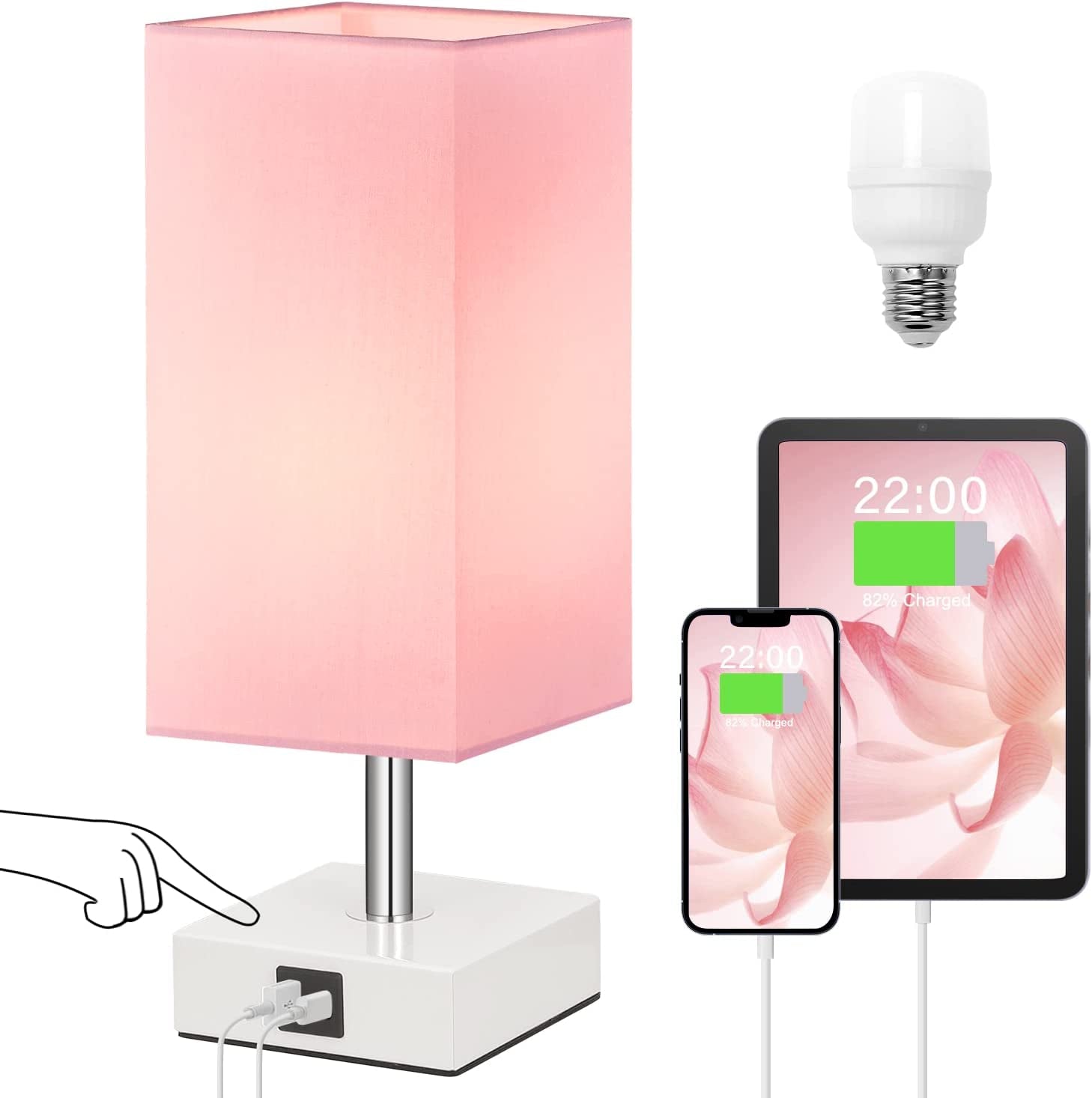 Touch Control Table Lamp with Dual USB Charging Ports, 3-Way Touch Functionality, Ideal for Bedrooms and Living Rooms, Pink Shade with White Base, Includes LED Bulb