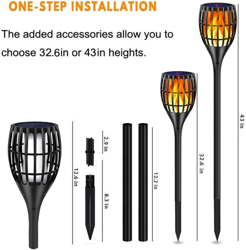 Outdoor Solar Torch Lights, 43" Flickering Flame Design, Waterproof Landscape Lighting with Dusk to Dawn Auto On/Off Feature, Ideal for Yards, Patios, and Driveways, Set of 4