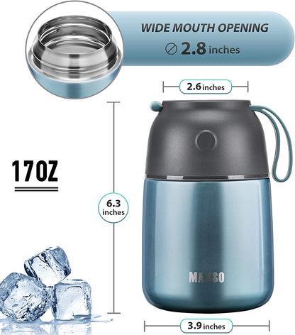 Insulated Stainless Steel Food Jar for Hot and Cold Meals, 17 oz Thermal Container with Spoon, Triple Layer Insulation, Ideal for Kids and Adults (Light Blue)