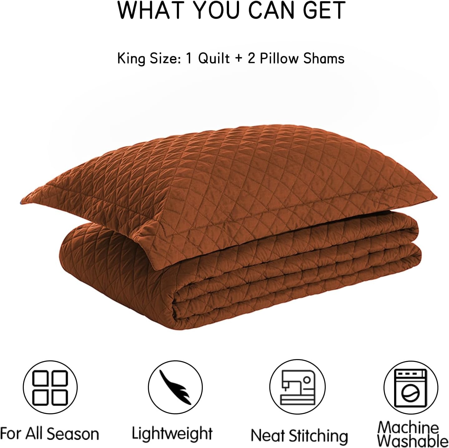 King Size Brunt Orange Quilt Set - Lightweight Reversible Comforter Bedspread with Rust Diamond Quilting, Includes 1 Quilt and 2 Pillow Shams, Ideal for All Seasons