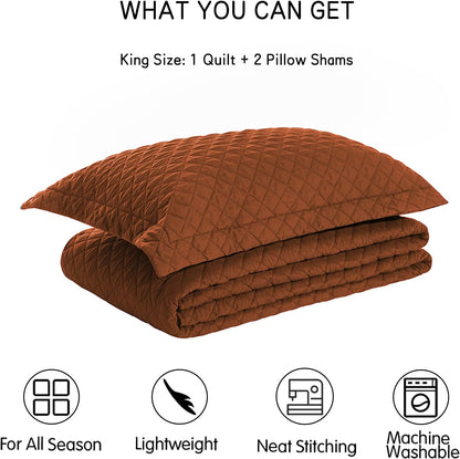 King Size Brunt Orange Quilt Set - Lightweight Reversible Comforter Bedspread with Rust Diamond Quilting, Includes 1 Quilt and 2 Pillow Shams, Ideal for All Seasons