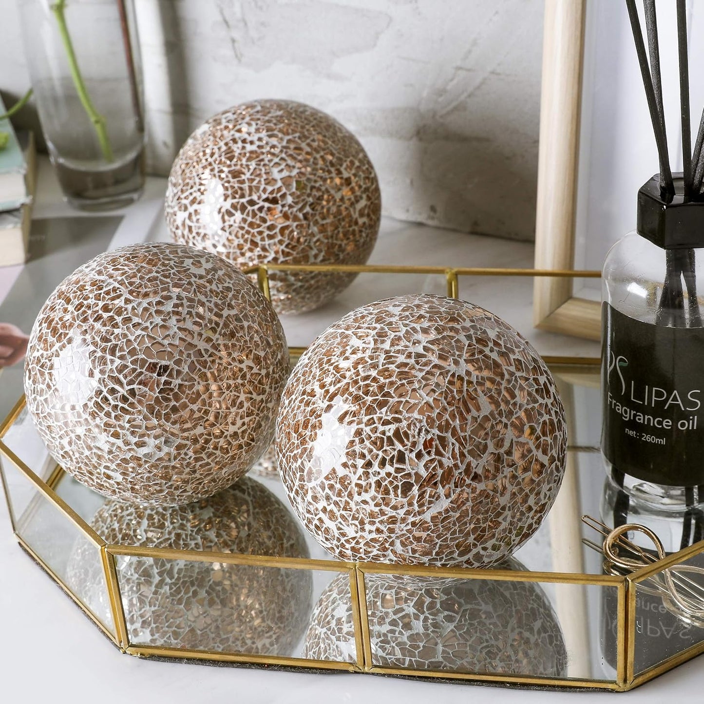 Set of 3 Rose Gold Glass Mosaic Decorative Balls - 4" Diameter Table Centerpiece for Coffee Table and Home Decor