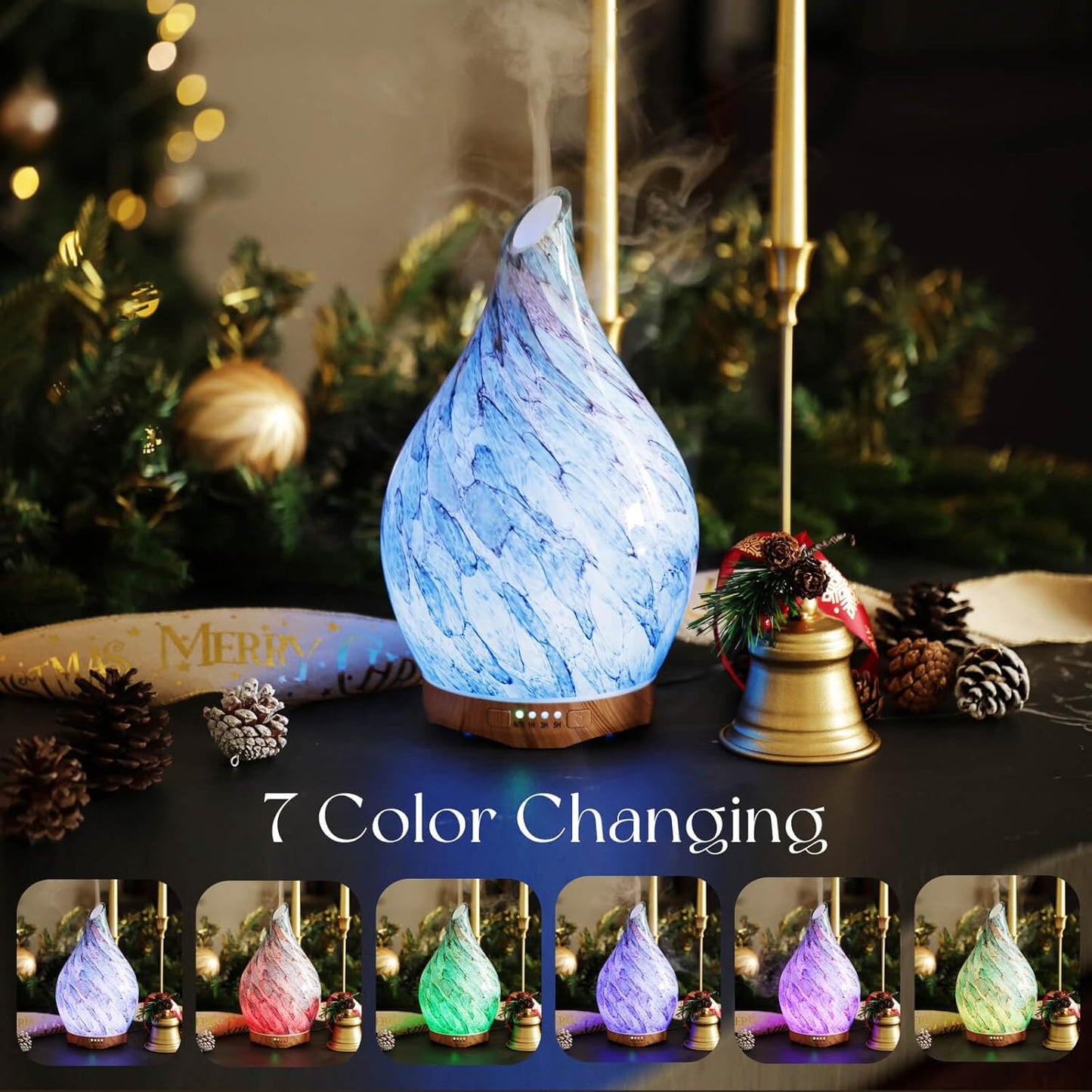 280ml Essential Oil Diffuser - Color Changing Glass Aromatherapy Ultrasonic Cool Mist Humidifier with Remote Control, 7-Hour Runtime, Waterless Auto-Off (Light Blue)