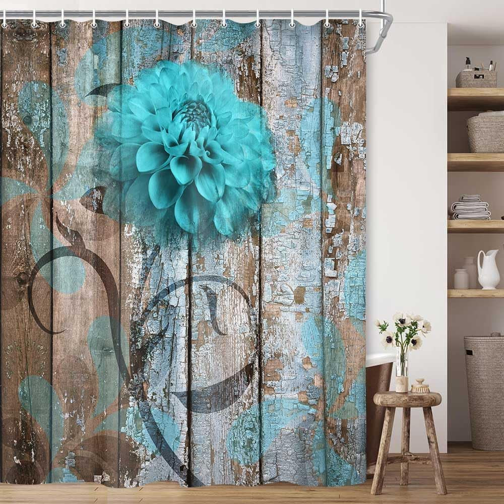 Rustic Teal Turquoise Dahlia Floral Shower Curtain Set, Country Blue Wild Garden Design, Includes Hooks, 69x70 Inches