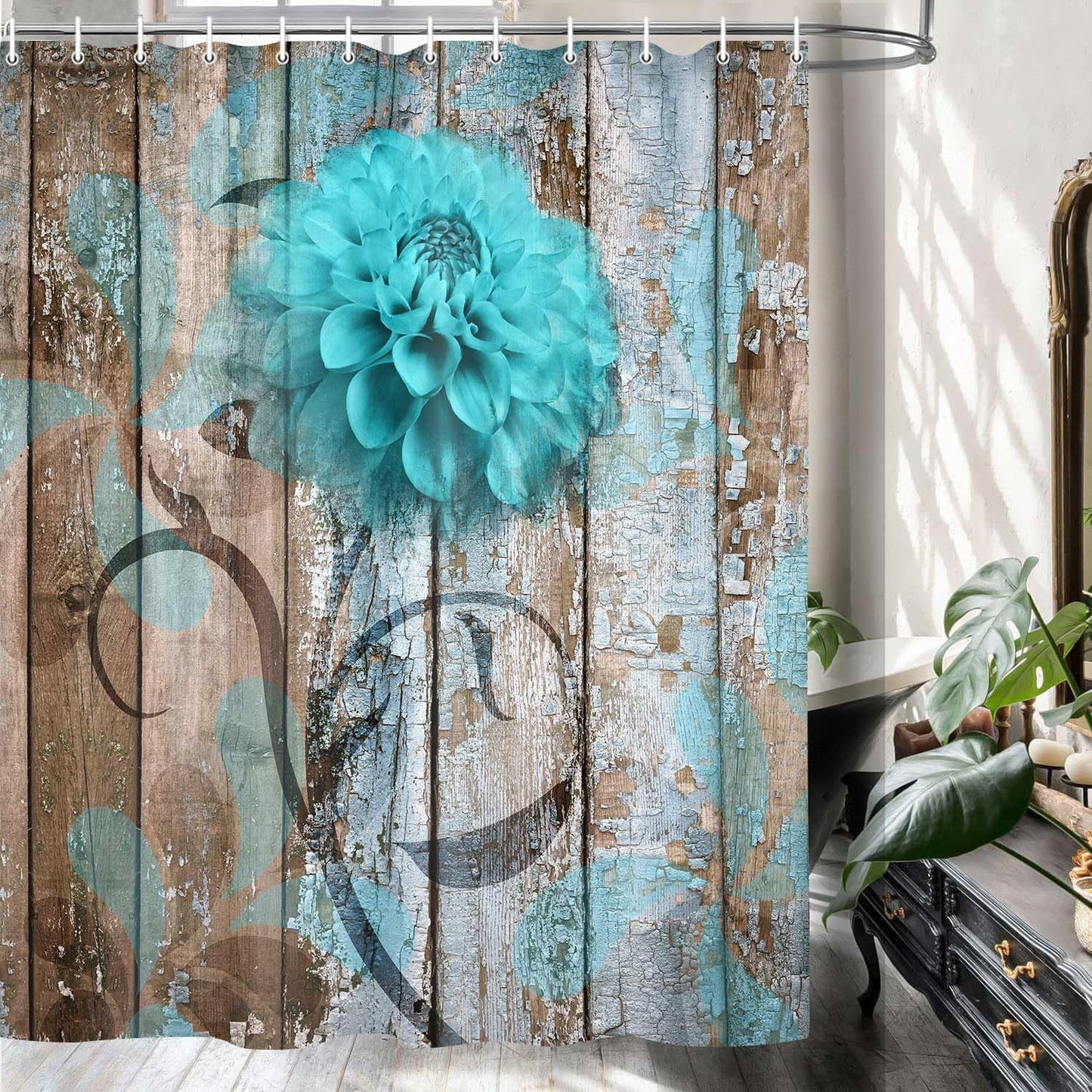 Rustic Teal Turquoise Dahlia Floral Shower Curtain Set, Country Blue Wild Garden Design, Includes Hooks, 69x70 Inches