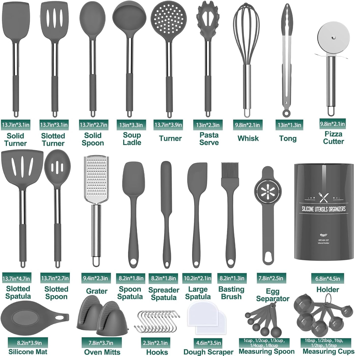 Silicone Kitchen Utensil Set, 43-Piece Non-Stick Spatula Collection with Stainless Steel Handles, Heat Resistant - Premium Cookware (Grey)