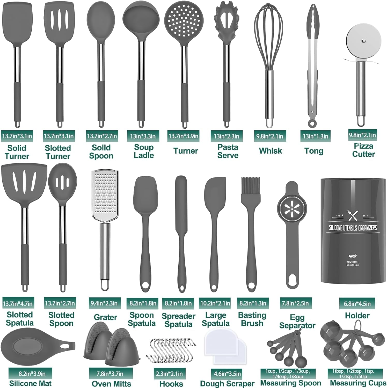 Silicone Kitchen Utensil Set, 43-Piece Non-Stick Spatula Collection with Stainless Steel Handles, Heat Resistant - Premium Cookware (Grey)