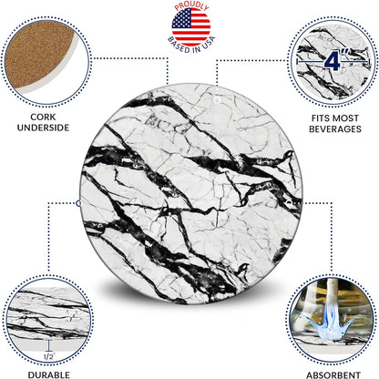 Emerson Marble Coaster Set of 6 with Holder – Absorbent Non-Slip Ceramic Coasters for Coffee Tables – Durable Design (Boulder)