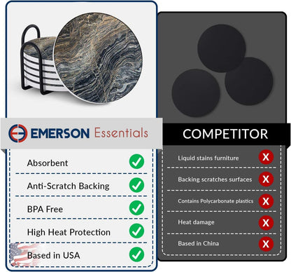 Emerson Marble Coaster Set of 6 with Holder – Absorbent Non-Slip Ceramic Coasters for Coffee Tables – Durable Design (Boulder)