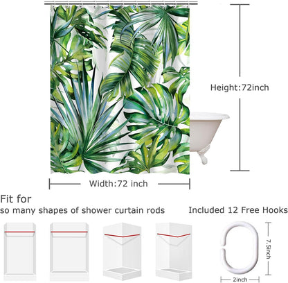 Tropical Botanical Green Leaf Shower Curtain Set with 12 Hooks for Bathroom Decor, 72" x 72