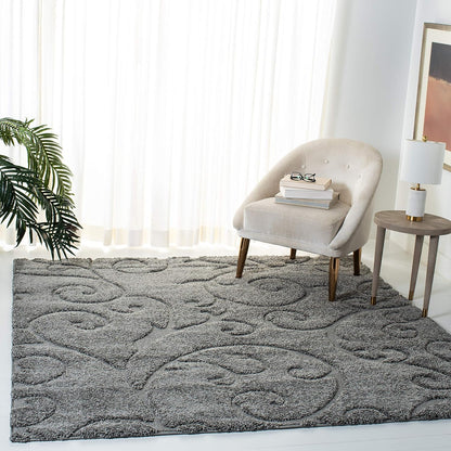 SAFAVIEH Florida Shag Collection 6'7" Square Area Rug in Grey with Scroll Design, Non-Shedding, Easy to Clean, High-Low Plush Pile, Perfect for Living Room, Bedroom, and Dining Areas (SG455-8013)