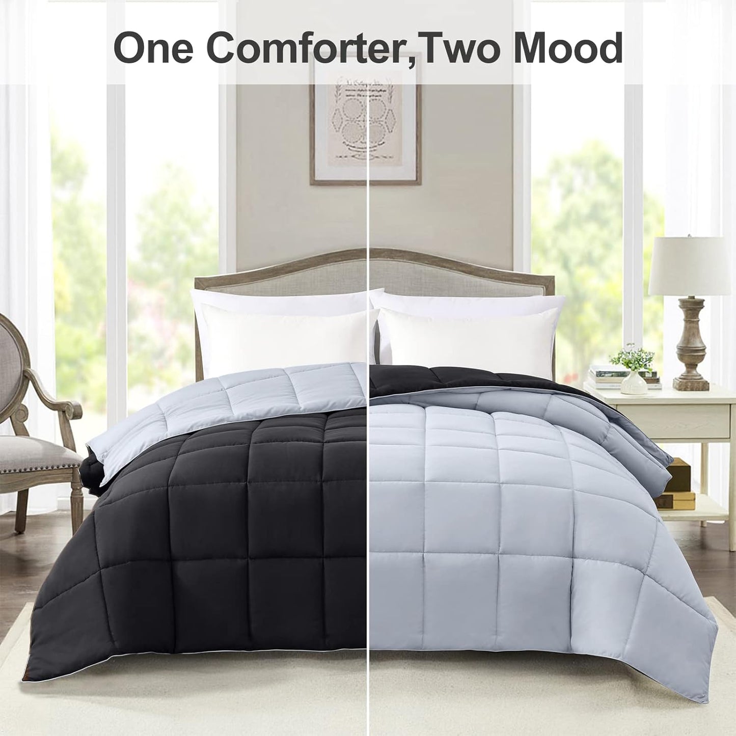 Oversized Queen Comforter - Lightweight Down Alternative Duvet Insert, Reversible Black and Light Grey Quilted Bedding for All Seasons