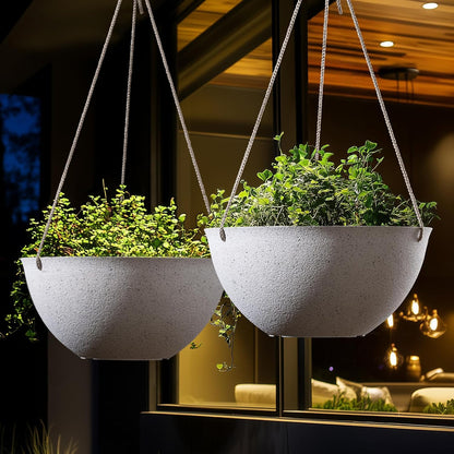 Large Outdoor Hanging Planters - Set of 2, 13-Inch Speckled White Flower Pots